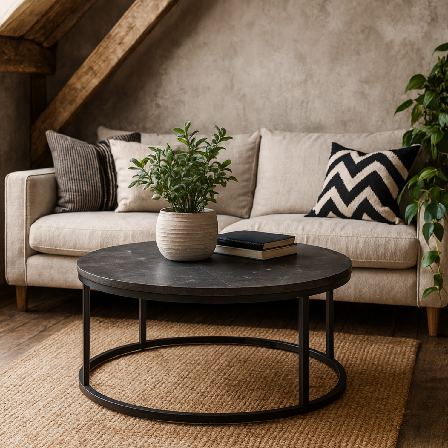 Odense Round Coffee Table Marble Effect Laminate Top Matt Steel Base - Black