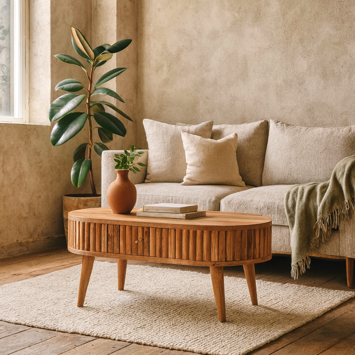 Annecy Stripe Mango Wood Oval Coffee Table 2 Drawers like Matt Finish - Brown