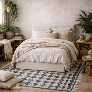 Portarlington 4ft6 Double Bed Ivory Twill Upholstered Headboard