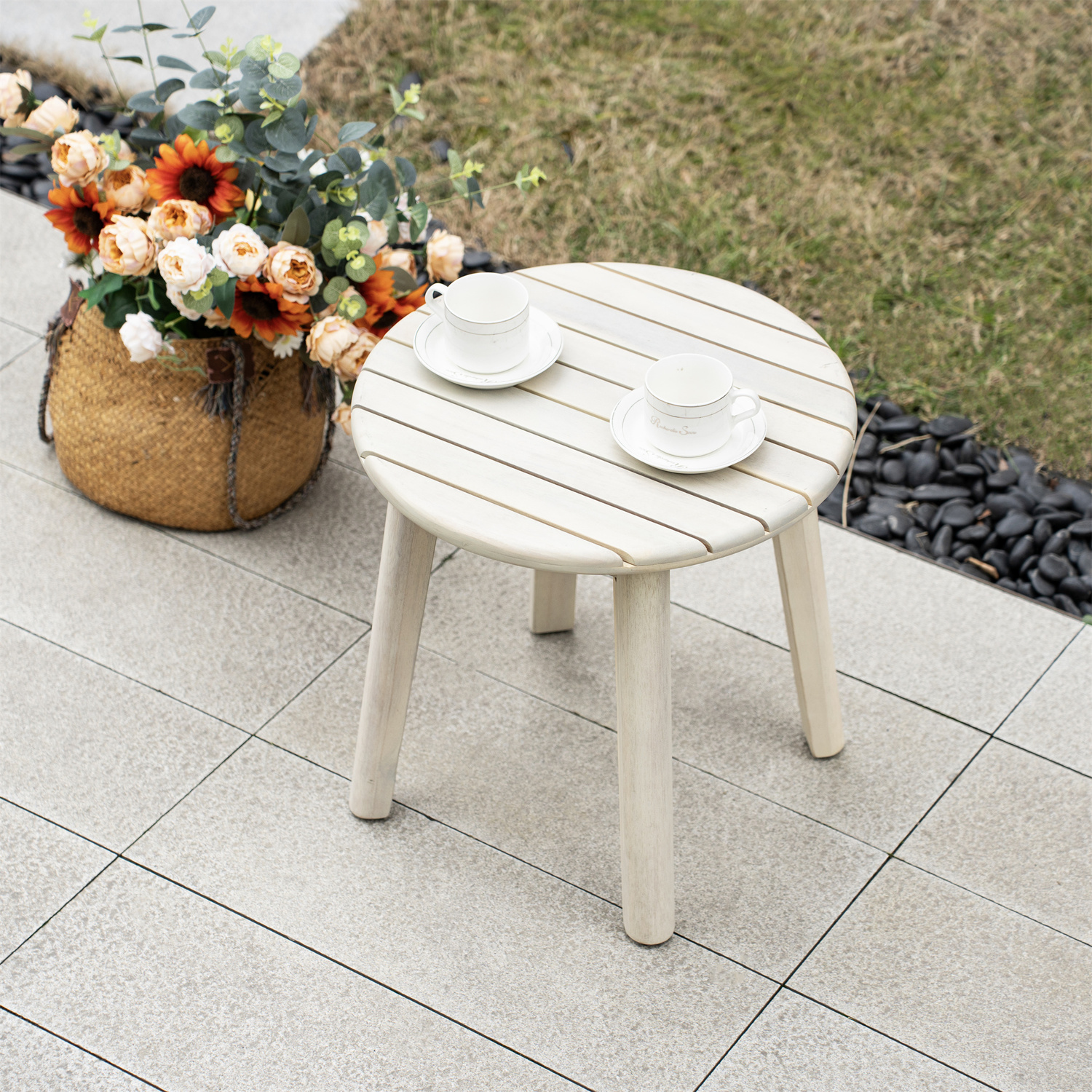 Abrihome Pas-2528 Solid Acacia Outdoor Garden Set - Natural Wood / 45Cm / Side Table