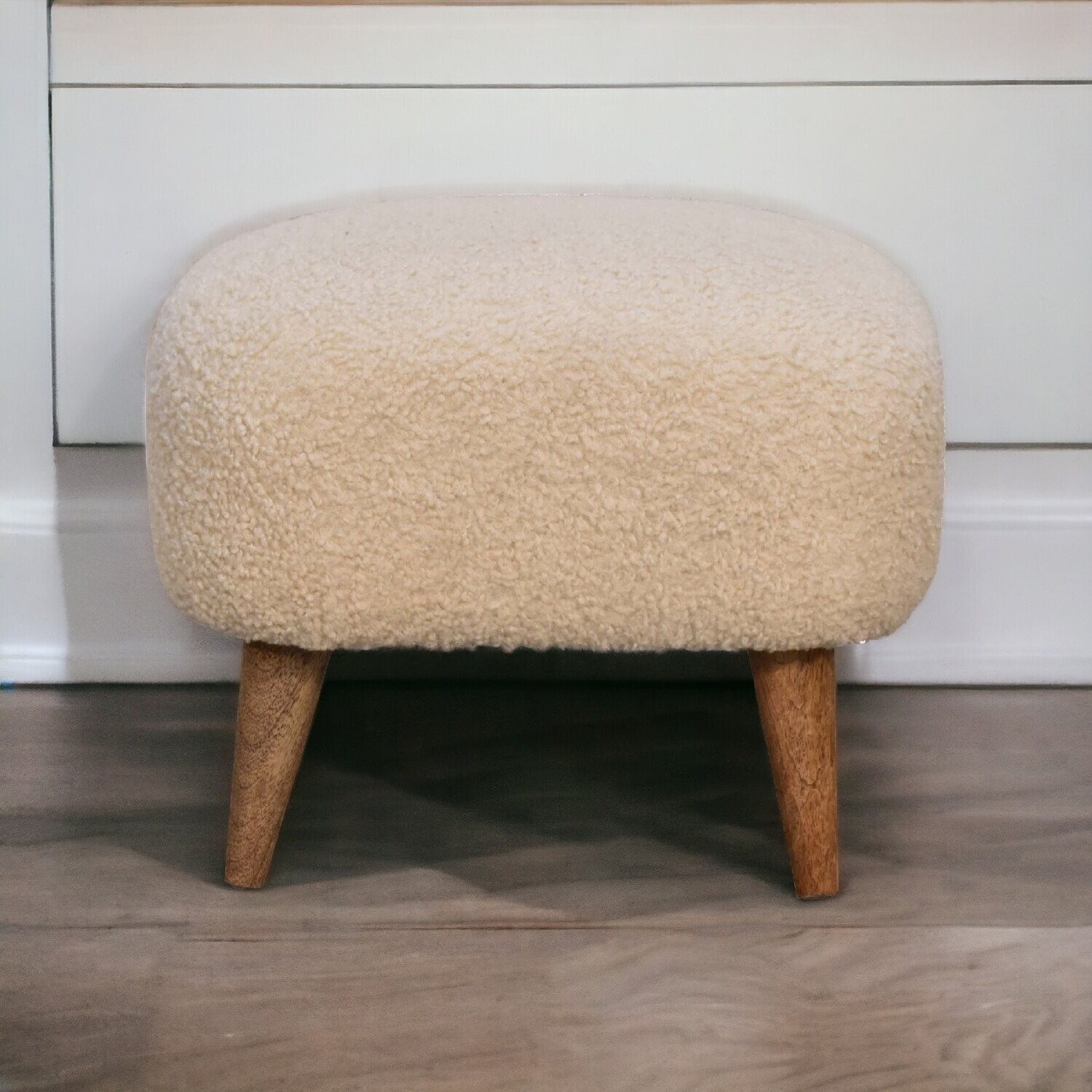 Solid Wood Boucle Cream Square Footstool - Brown