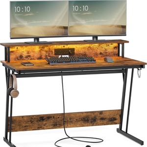 VASAGLE Rustic Brown Gaming Desk with LED Lights