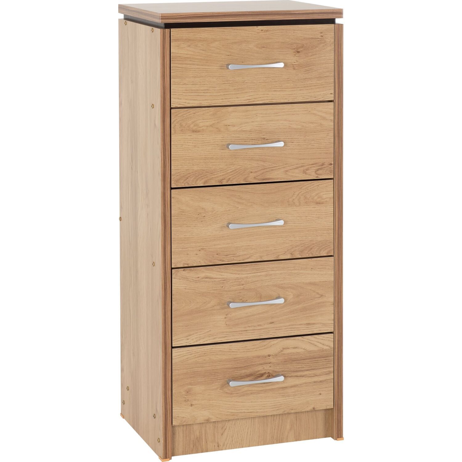 Charles 5 Drawer Narrow Chest Oak Effect Veneer with Walnut Trim - Oak Effect Veneer