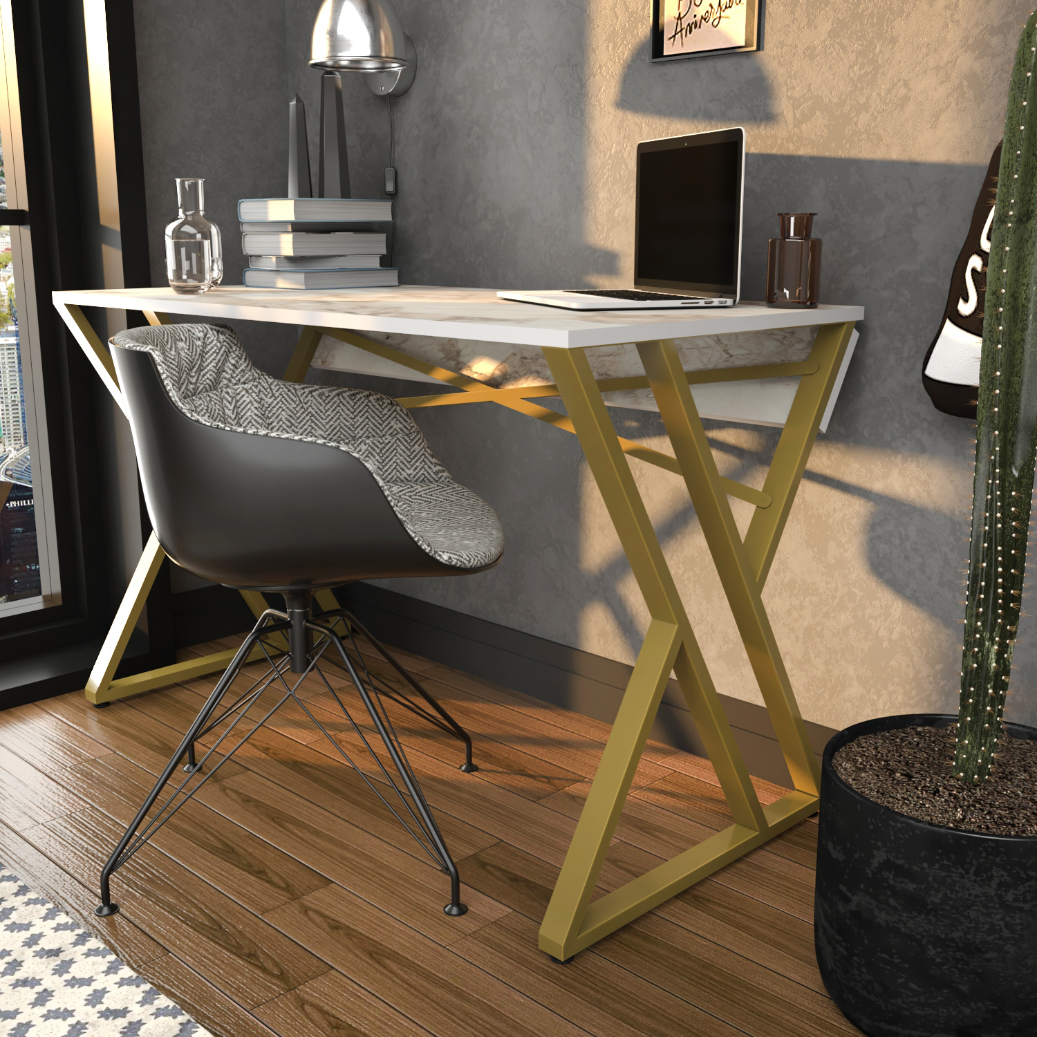 Gyza Computer Desk - White Marble Effect / Gold