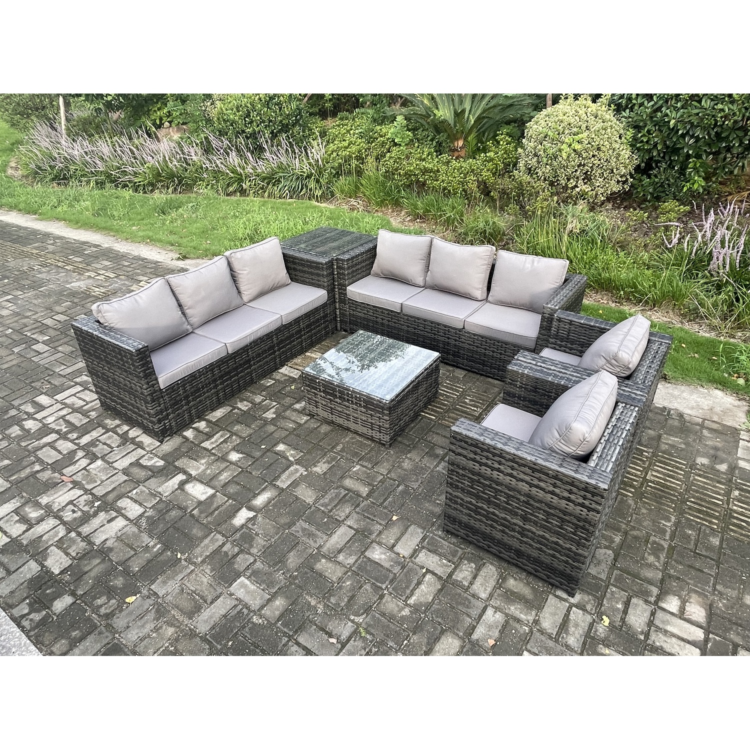 Fimous 9-Seater Dark Grey Mixed Rattan Garden Furniture Set With Coffee Table And Footstool. - Dark Grey Mixed