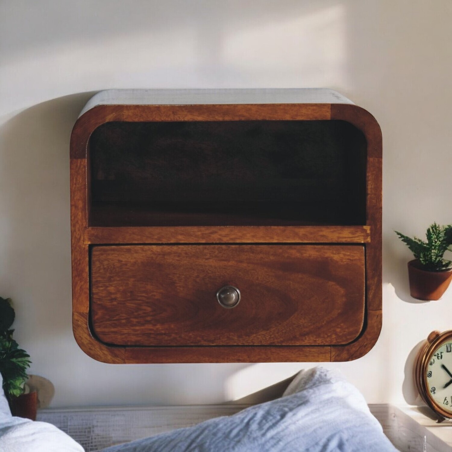 Artisan Furniture Solid Wood Extra Mini Wall Mounted Curved Chestnut Bedside With Open Slot - Chestnut