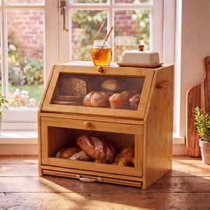 2 Compartment Bamboo Bread Bin with Chopping Board