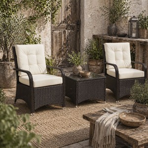 Lofita 3-Piece Rattan Bistro Set - Brown and White, Cream Cushions, Protective Cover