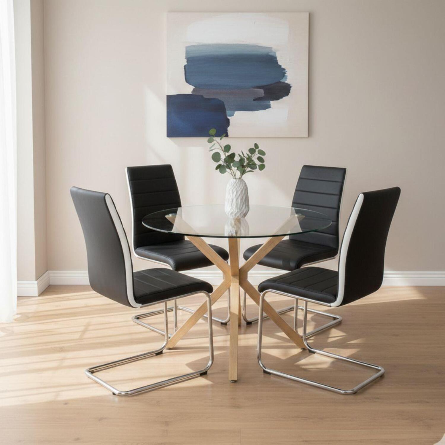 B&Q - Round Glass Dining Table Set With 4 Black Faux Leather Chairs Dining Room Furniture - Image 2