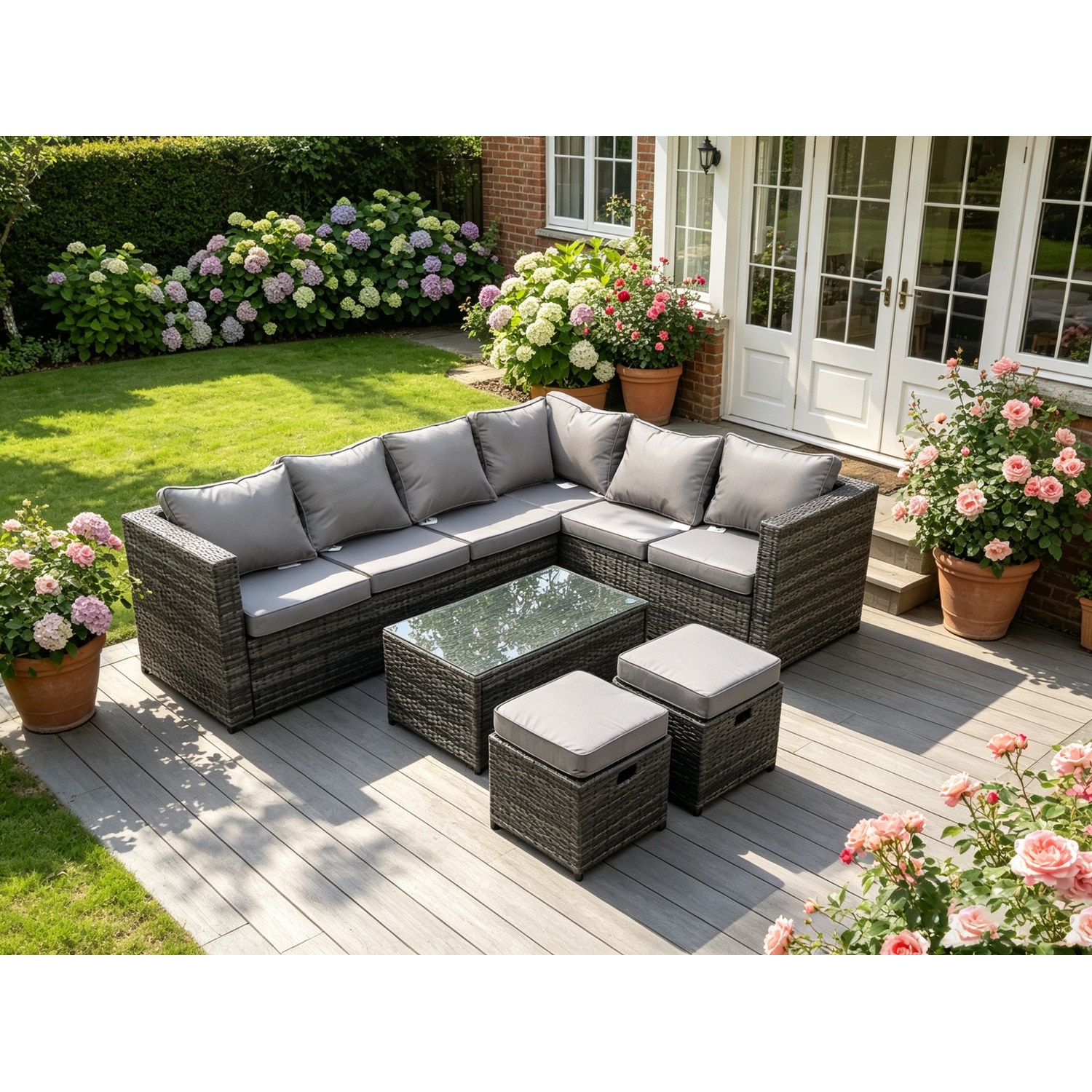 Fimous Unisex Dark Grey Seater Rattan Corner Sofa Set Coffee Table Stool Garden Furniture Outdoor In Size 8 - Image 2