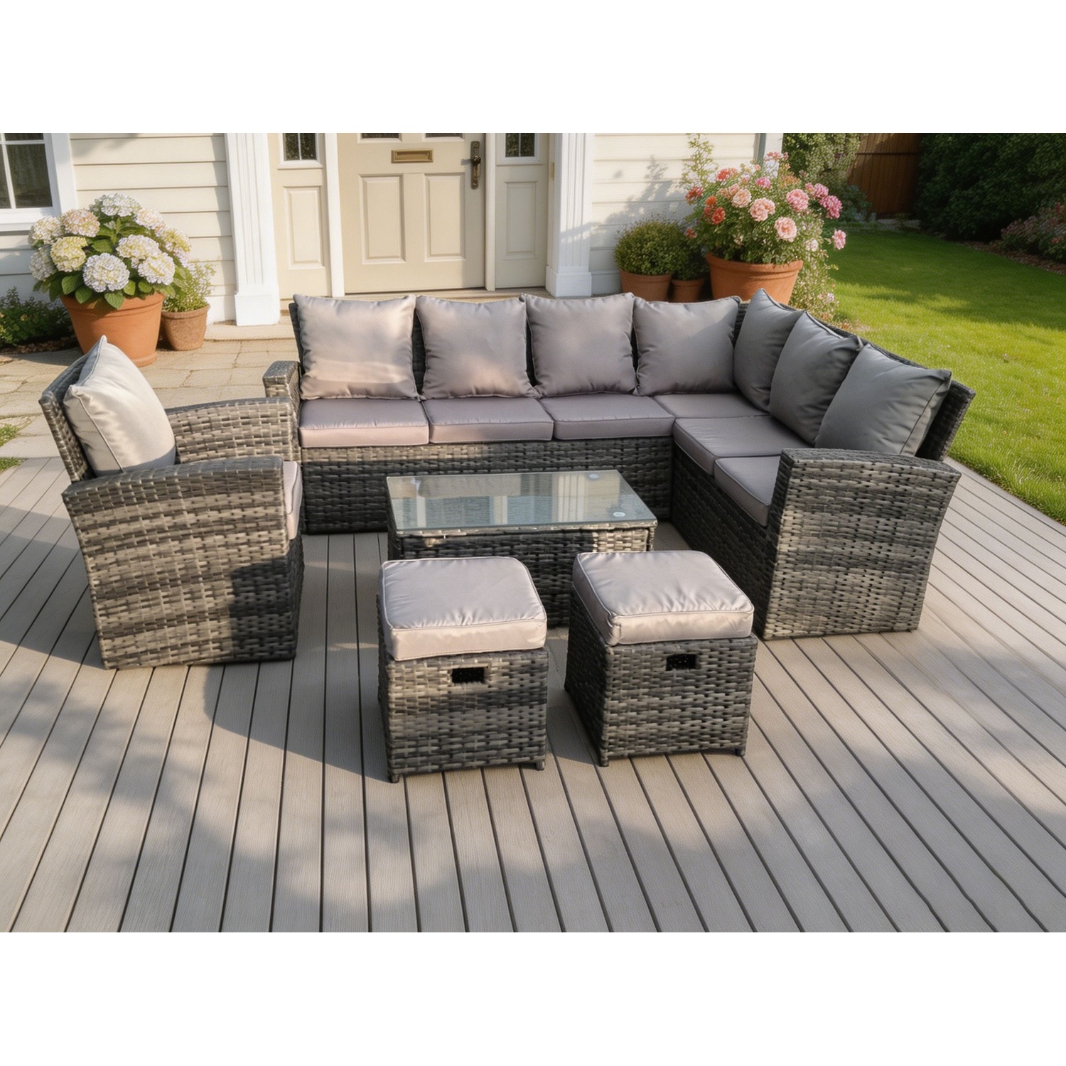Rackhams Dark/Grey 9 Seater High Back Rattan Garden Furniture Set Corner Sofa With Oblong Coffee Table Stools With Chair - Image 2