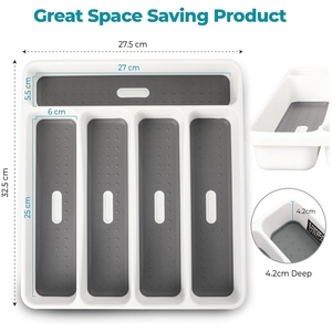 5 Compartment Utensil Cutlery Tray Organiser White and Grey