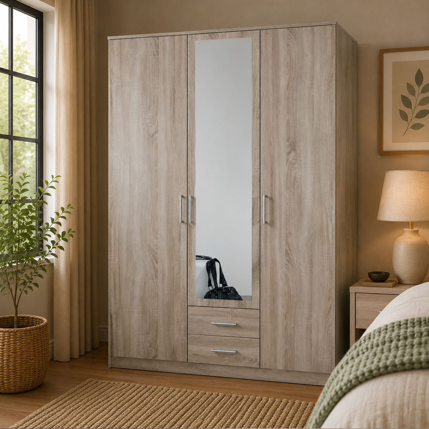 Kdmd Osaka Oak 3 Door 135Cm Wardrobe With Mirror And 2 Drawers - Oak