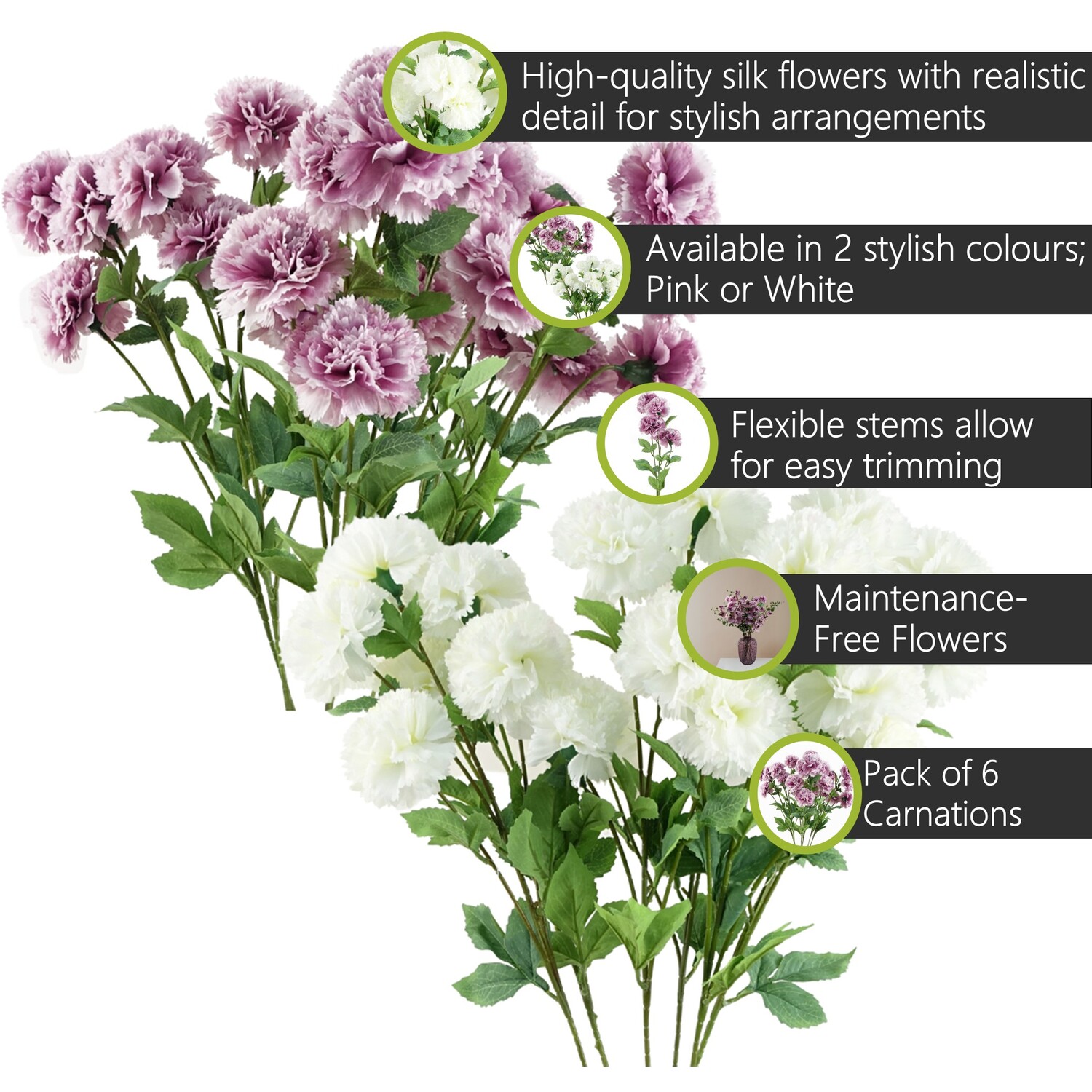 Pegdev Pack of 6 70cm Artificial White Carnation Stems with Silk Flowers