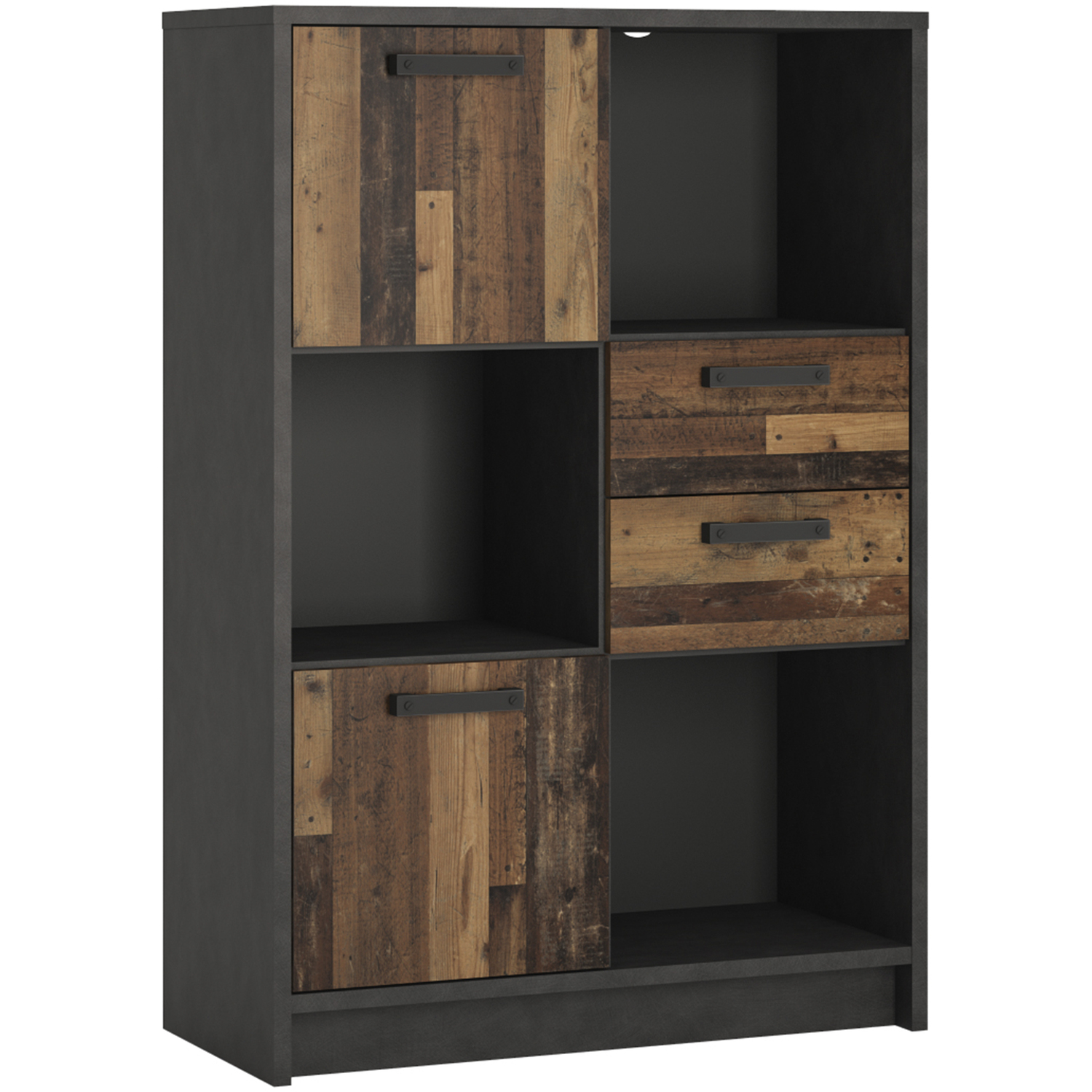 Furniture To Go Brooklyn Low Bookcase With 2 Doors And 2 Drawers In Walnut And Dark Matera Grey - Walnut & Dark Matera Grey