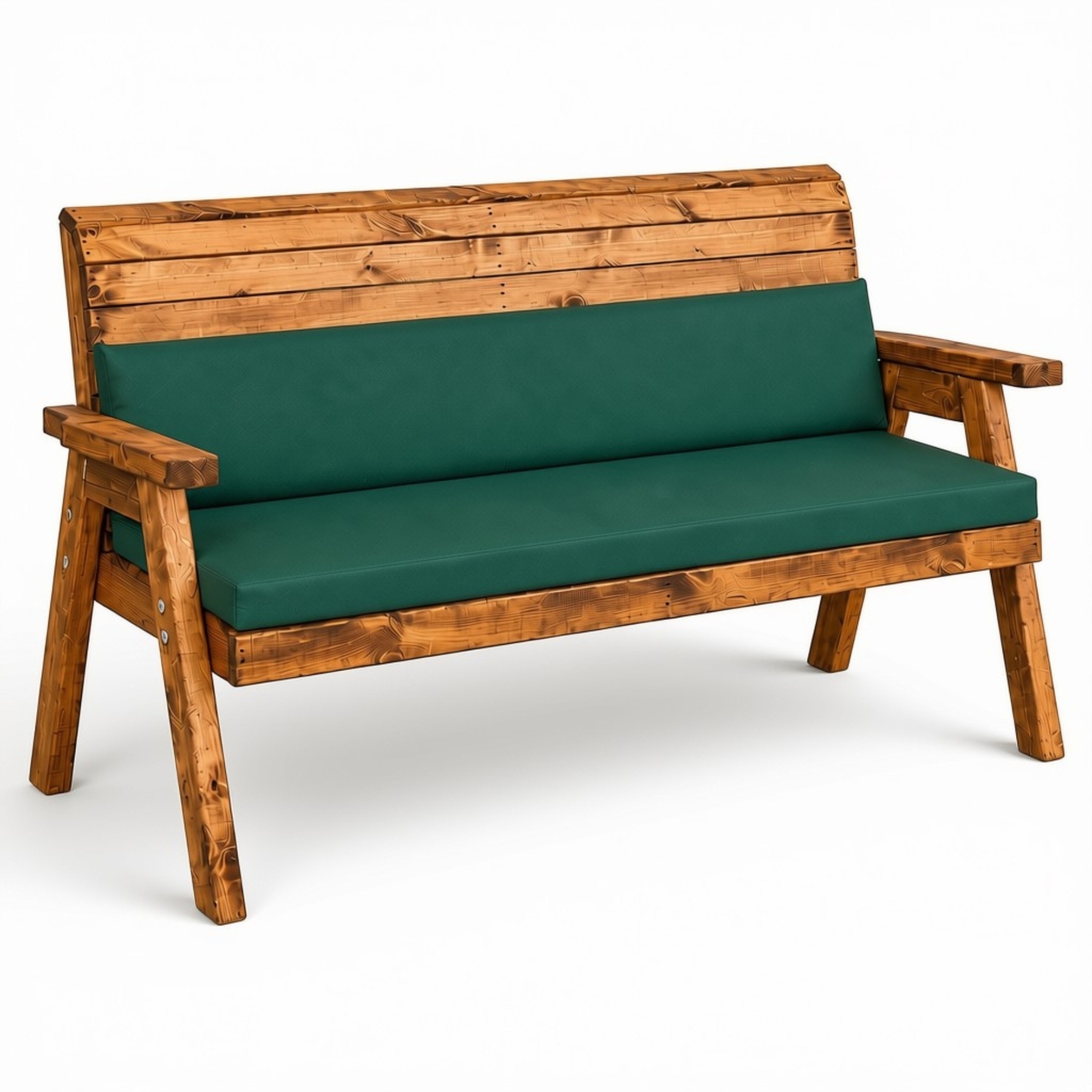 Samuel Alexander Hand Made 3 Seater Chunky Rustic Wooden Garden Bench & Waterproof Green Cushions - Brown/Green