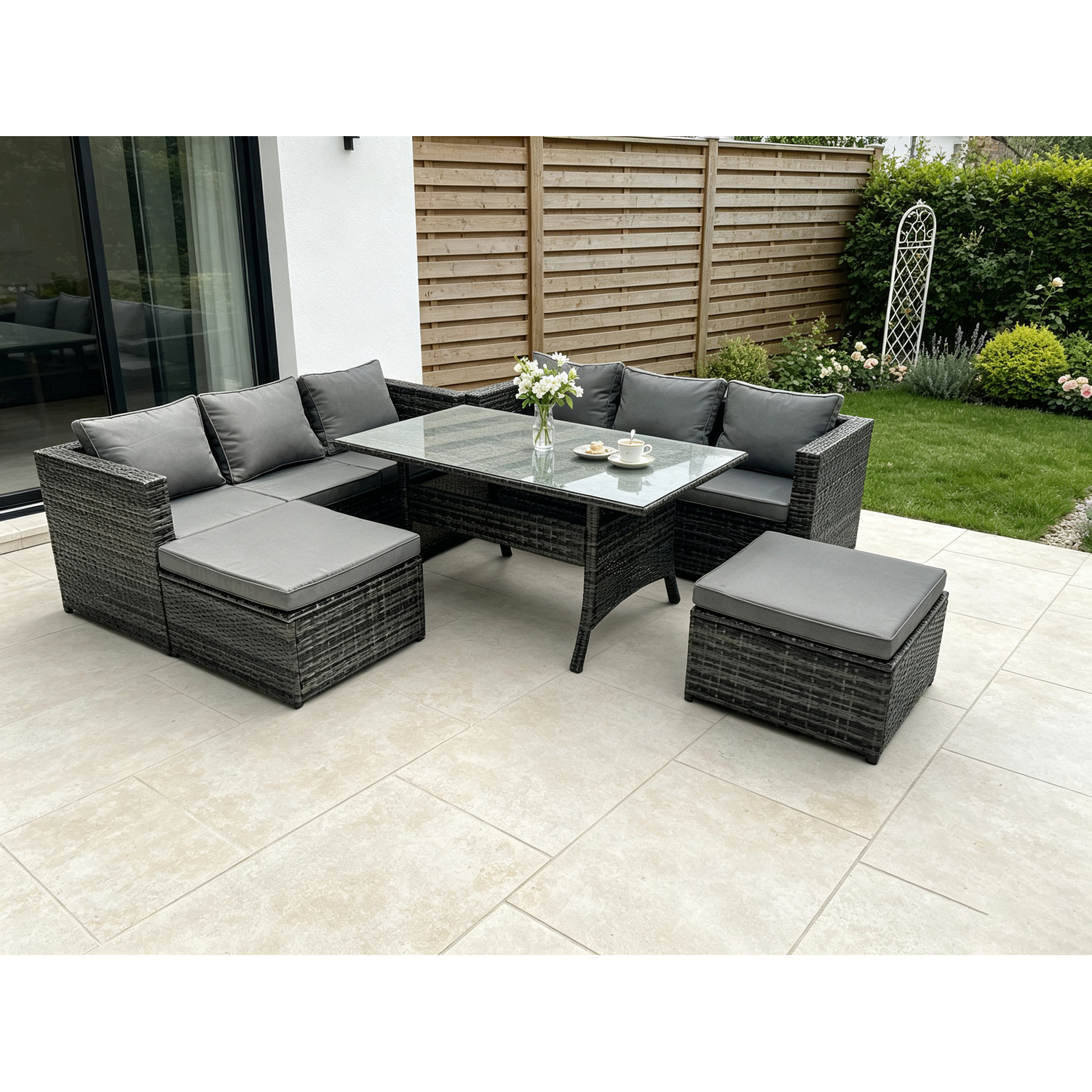 Fimous Dark/Grey 8 Seater Outdoor Lounge Sofa Garden Furniture Set Patio Rattan Rectangular Dining Table With 2 Big Footstool Mixed - Image 2