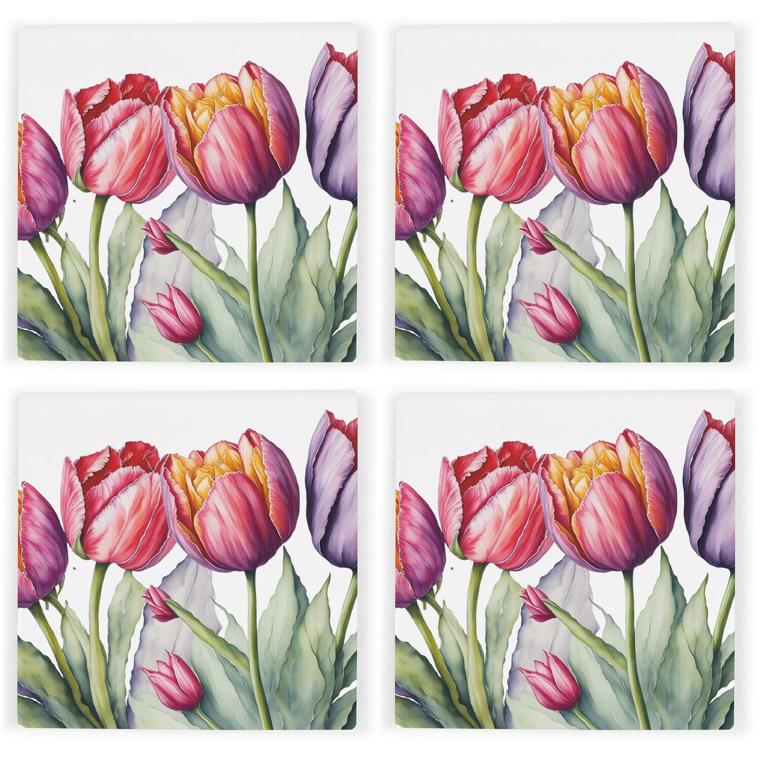 B&Q - Tulips Ceramic Coaster SetPink & Purple Floral Gifts For HerSquare Set Of Four (4) Coasters - Image 2