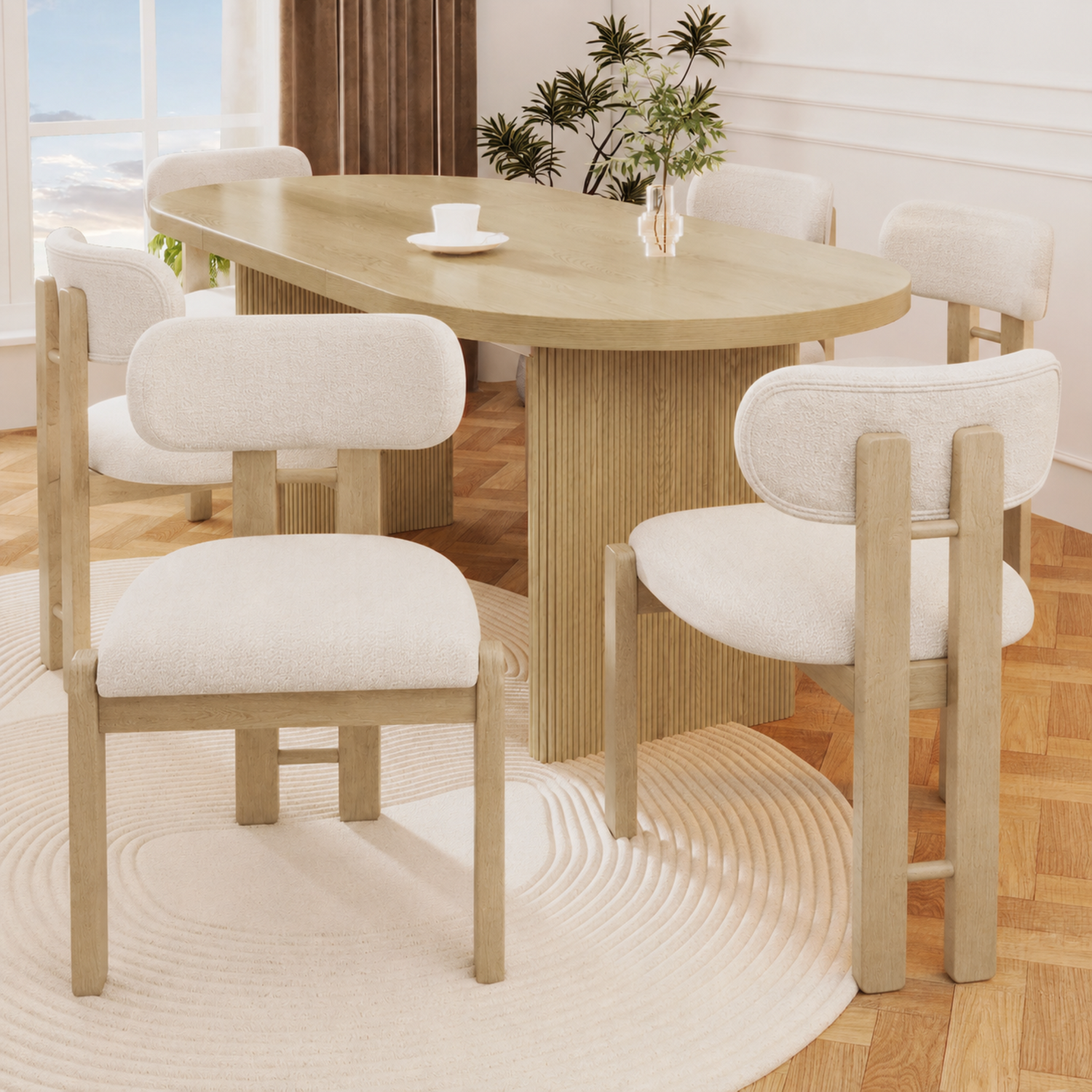 Aka Bouclé Dining Chairs With Solid Wood Legs, Natural Colour, Set Of 6 - Natural