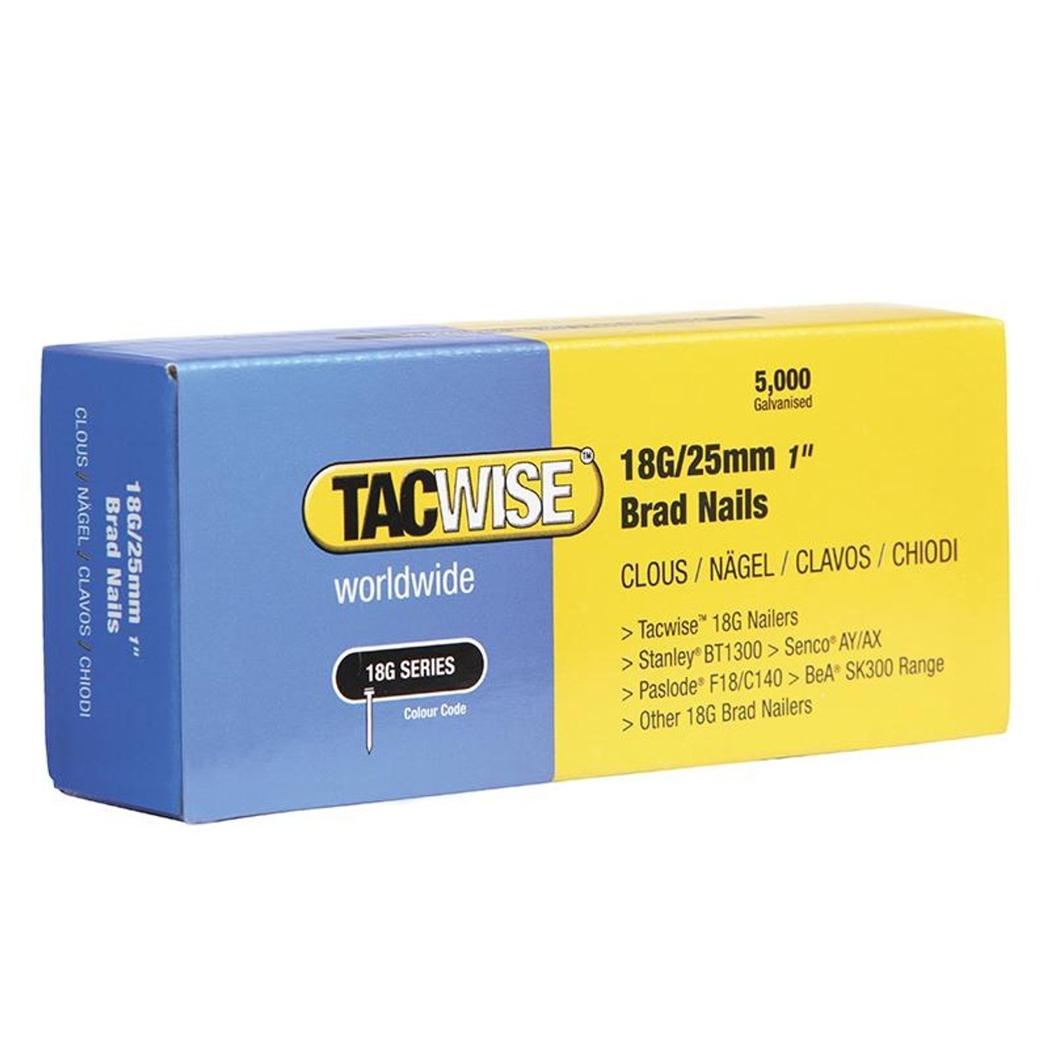 Tacwise 18 Gauge 25Mm Brad Nails (Pack 5000) - Multi Colour