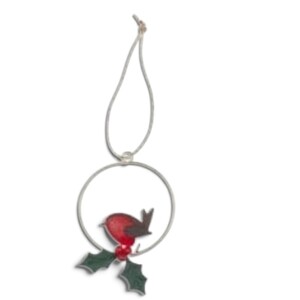Robin in Gold Hoop with Holly Christmas Tree Decoration