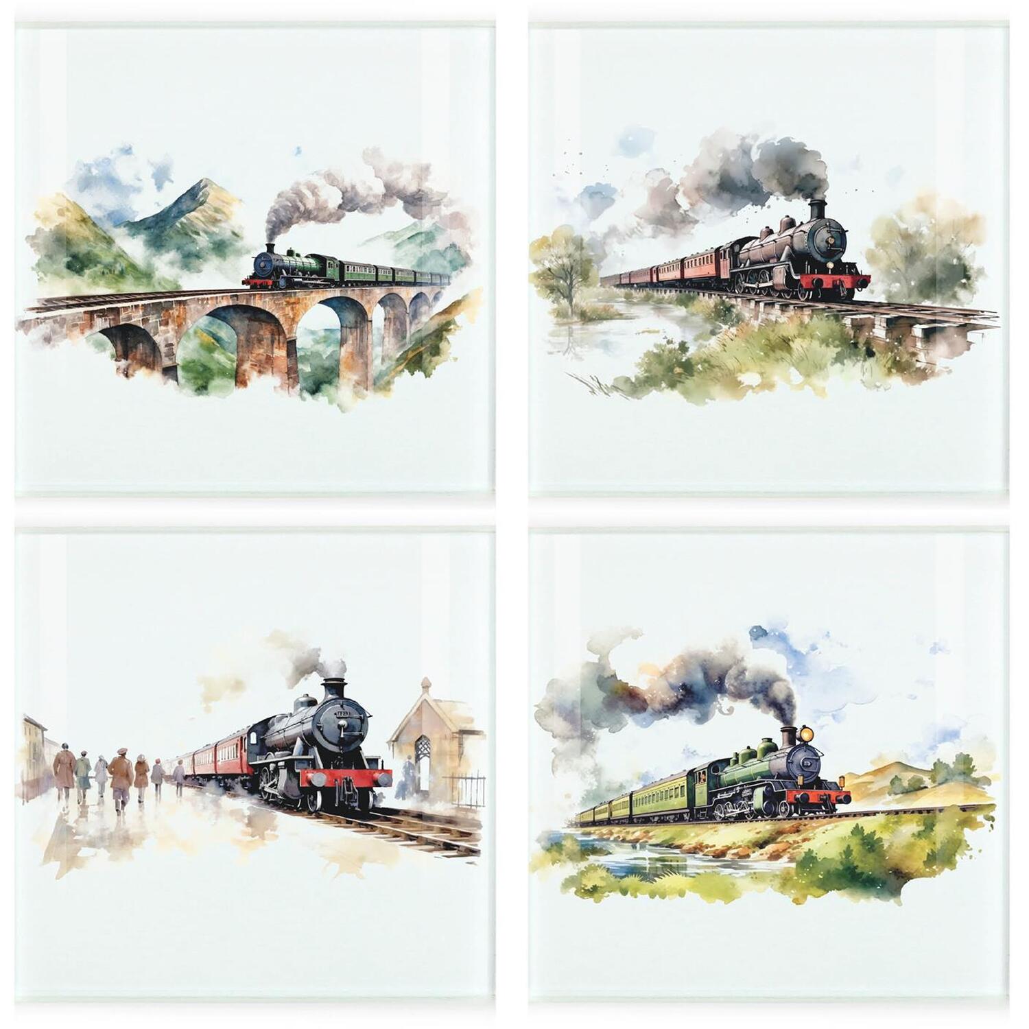 Great British UK Steam Trains Coaster Set - Square Glass Painted Scene Design - Set of Four (4) Coasters - Image 3