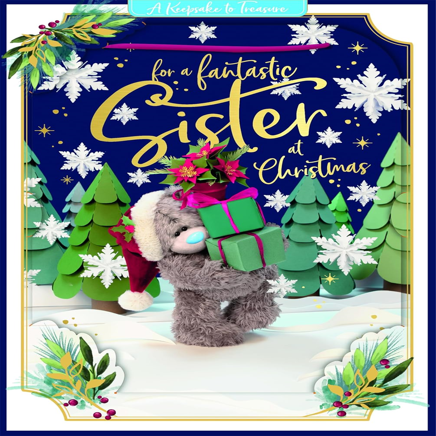 Me To You Tatty Teddy 3D Christmas Keepsake Card For A Fantastic Sister, Tatty Teddy Bear Carrying Gifts 6 X 9 Inches - Official Collection - Image 3