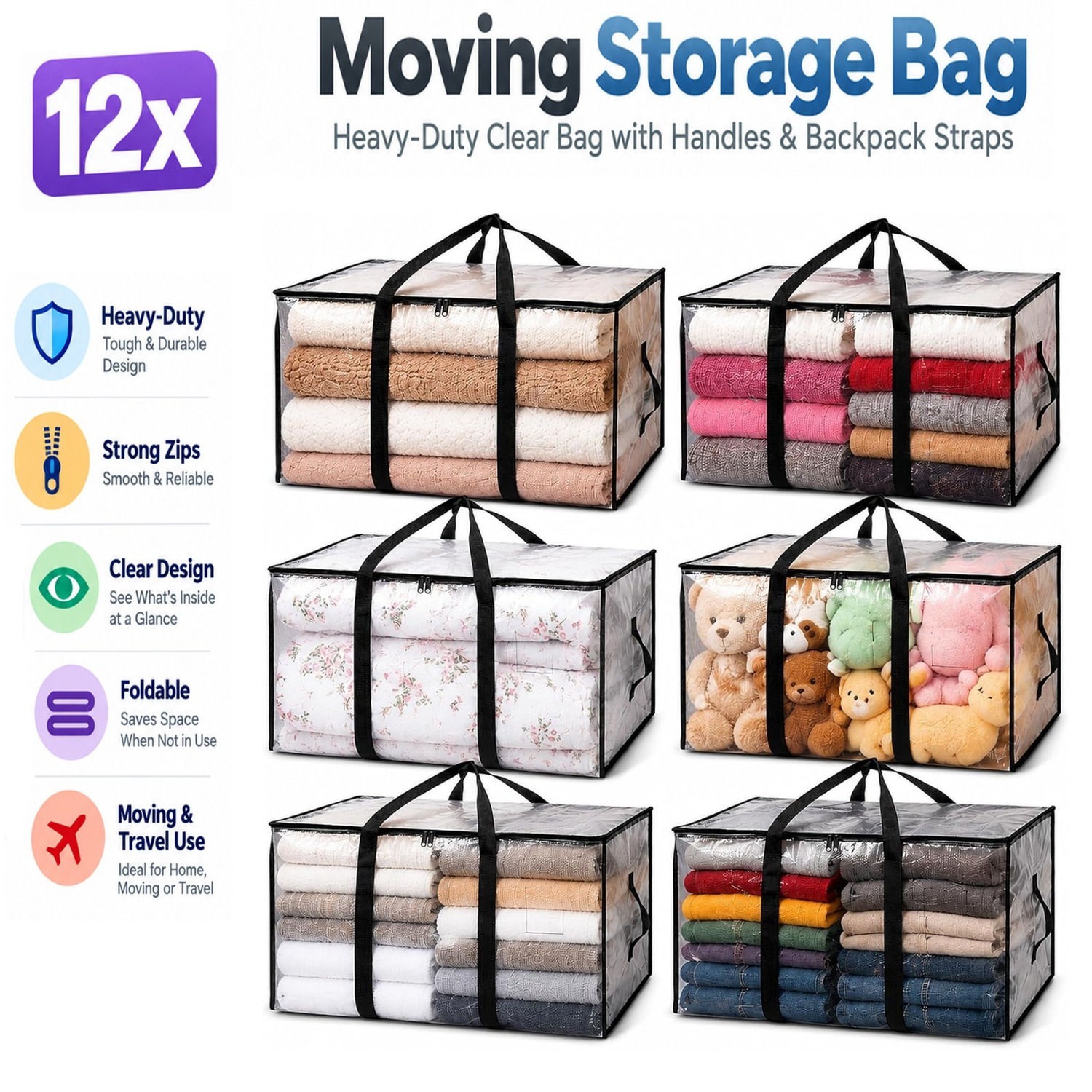 B&Q -  12Pcs Large Clear Moving Storage Bag Heavy Duty Zip Handles For Clothes Bedding - Image 3