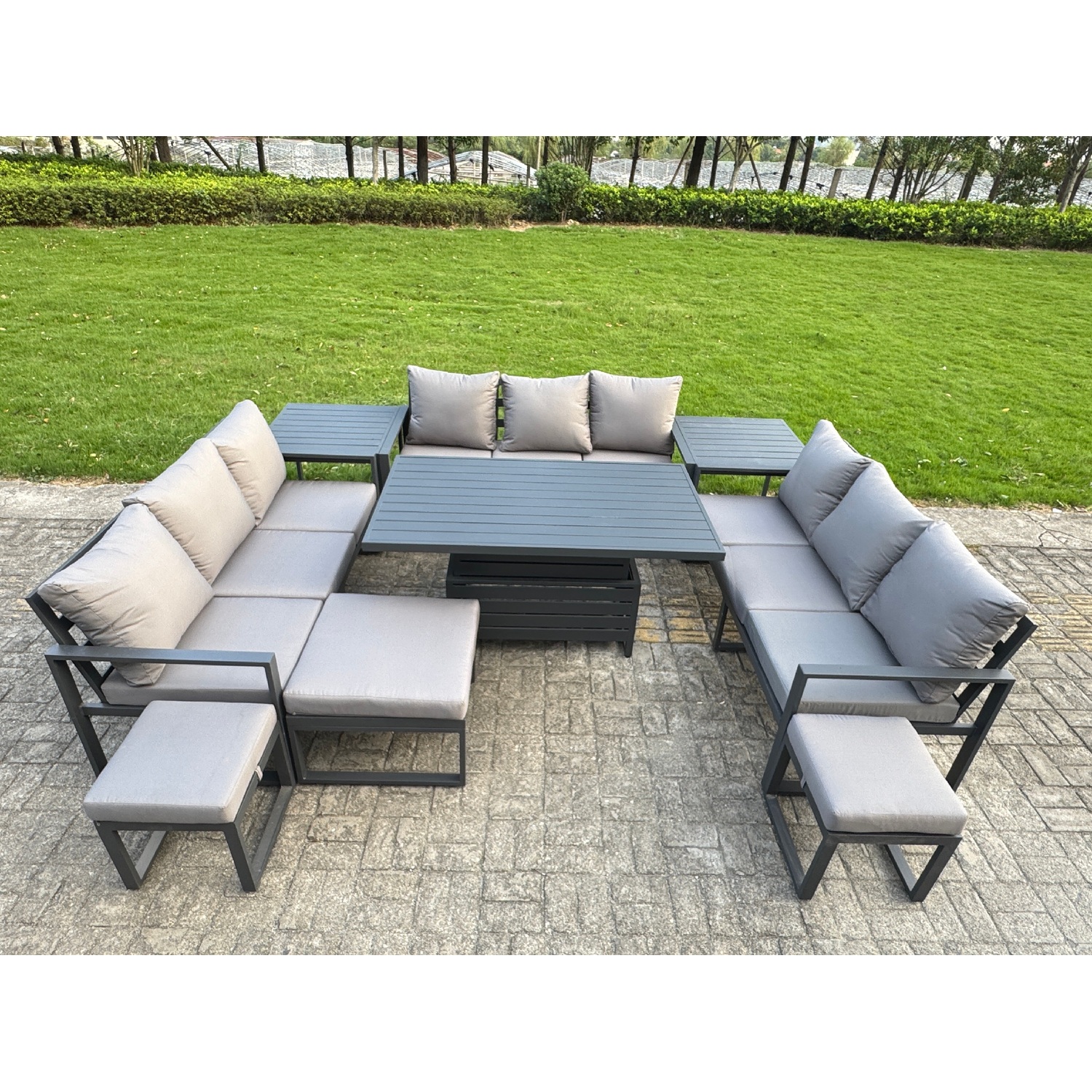 Fimous Grey 12 Seater Aluminum Outdoor Garden Furniture Set With Adjustable Rising Dining Table, 3 Sofas, 3 Footstools, 2 Side Tables - Image 3