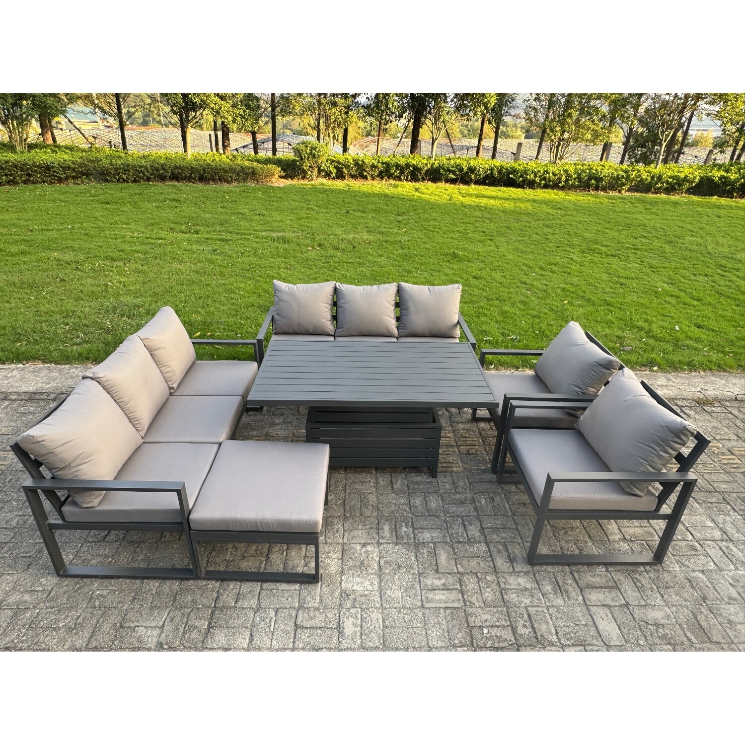 Fimous Dark/Grey 9 Seater Aluminium Garden Furniture Set With Adjustable Rising Dining Table, 2 Chairs, Footstool - Image 3