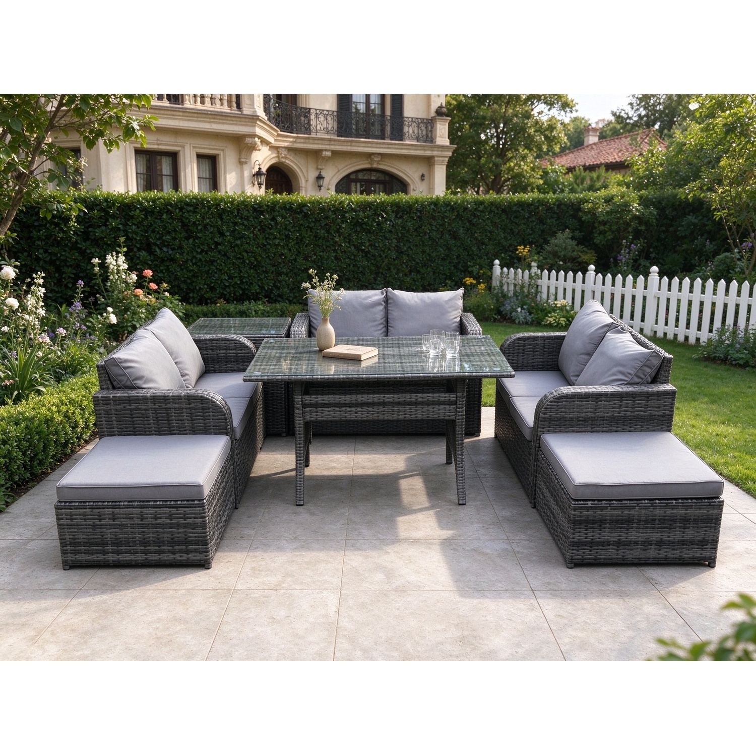 Fimous Outdoor Rattan Garden Furniture Lounge Sofa Set With Oblong Rectangular Dining Table 2 Big Footstool Side Table - Image 2