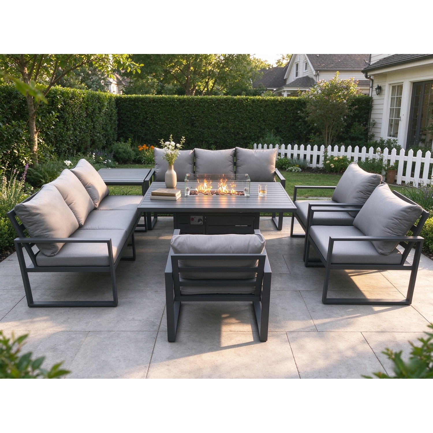 Fimous Dark/Grey 9 Seater Aluminium Garden Furniture Set With Gas Fire Pit Dining Table, 2 Sofas, 1 Side Tabe & 3 Armchairs - Image 2