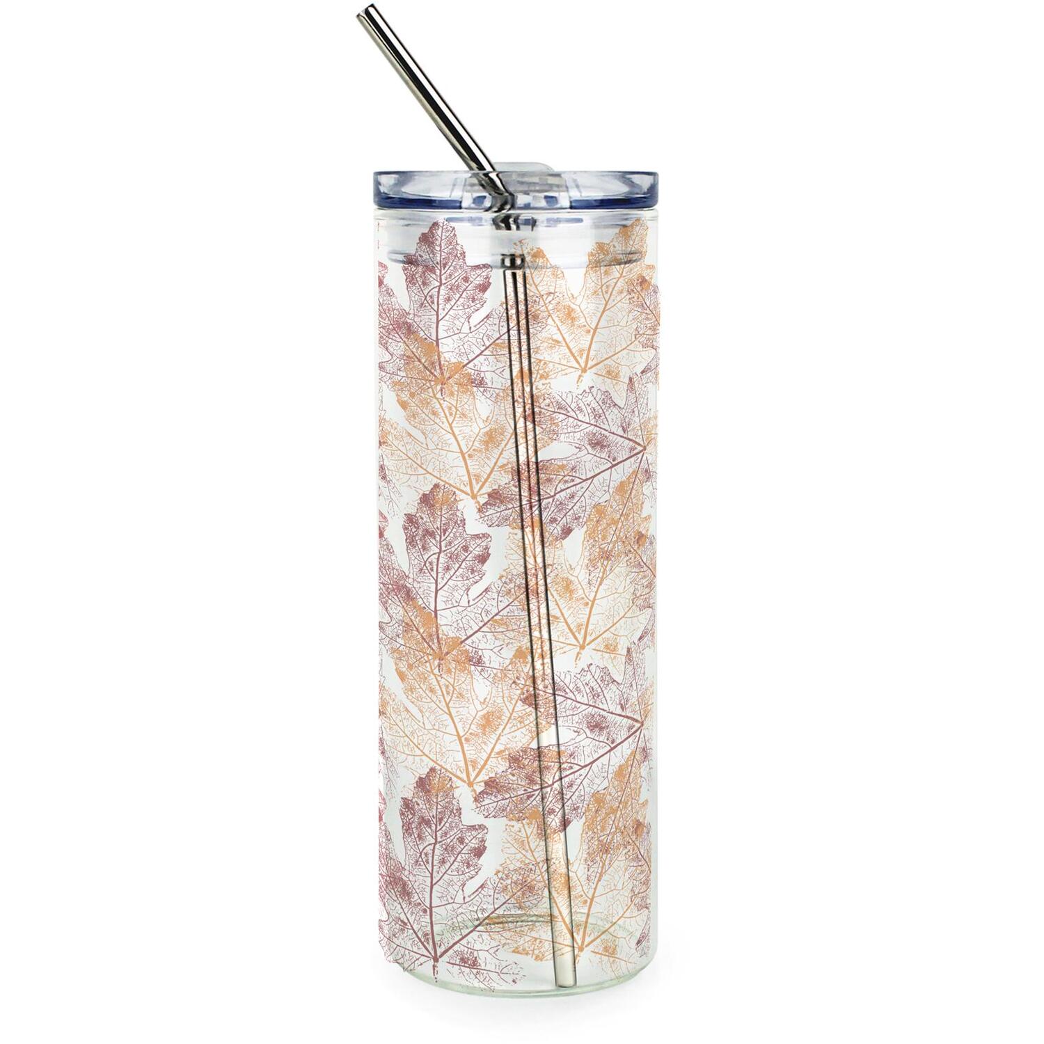 Autumn Leaf Imprint Clear Glass Travel Flask - Drinks Tumbler & Metal Straw Gift - Image 2