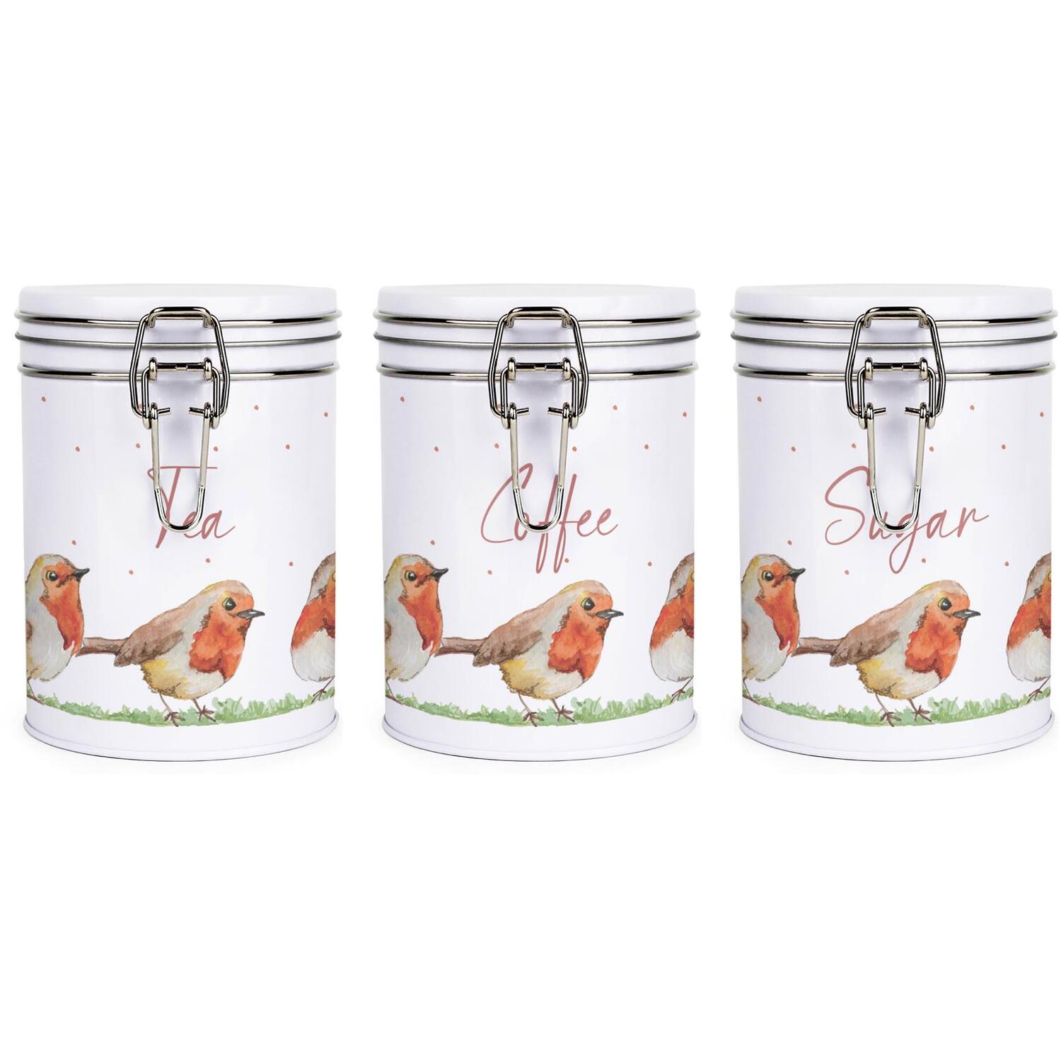 Robins Tea, Coffee & Sugar Storage Canister Set - Metal Clip-Lid Kitchen Gift - Image 3
