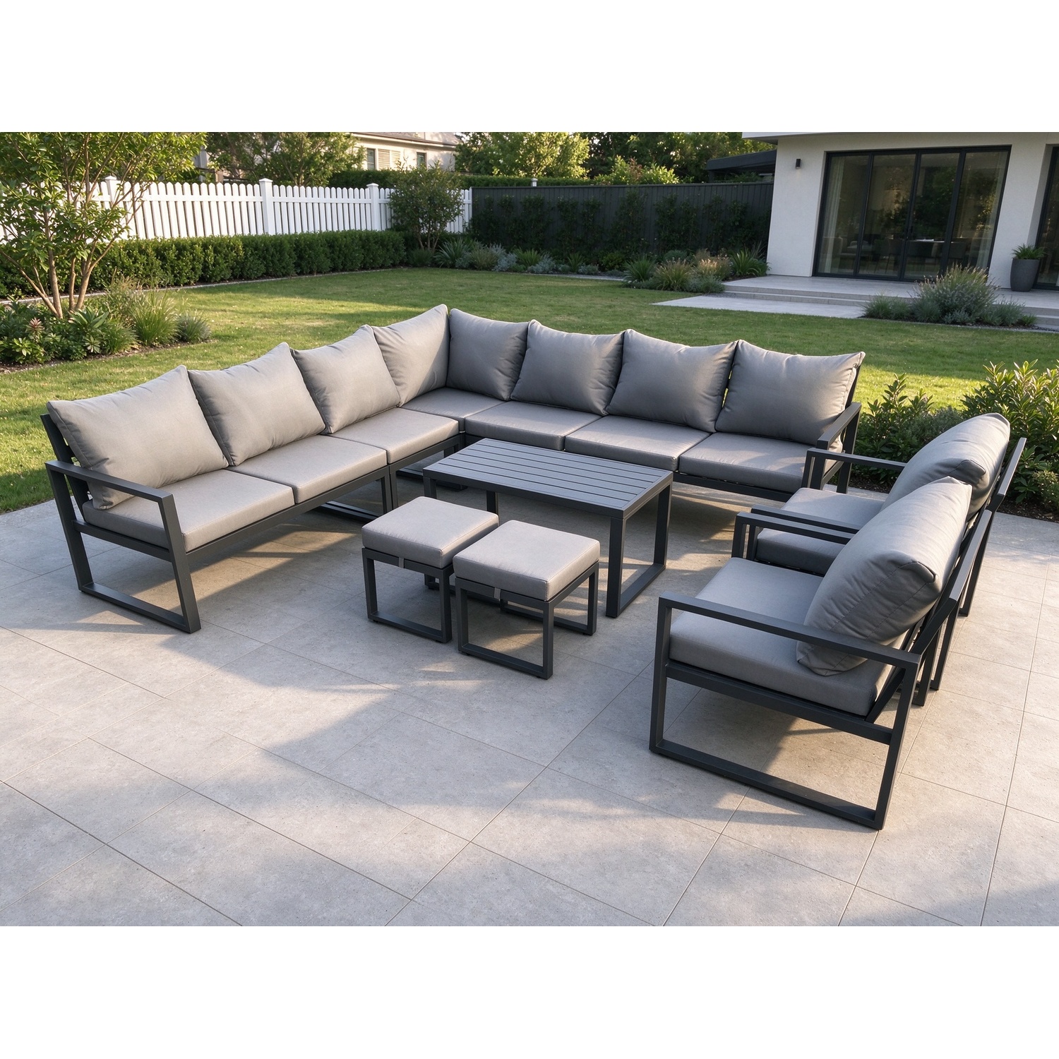 Fimous Unisex Dark Grey Aluminium Outdoor Garden Furniture Set Lounge Corner Sofa 2 Pcs Chair Oblong Coffee Table Sets With 2 Footstools Small - Image 2