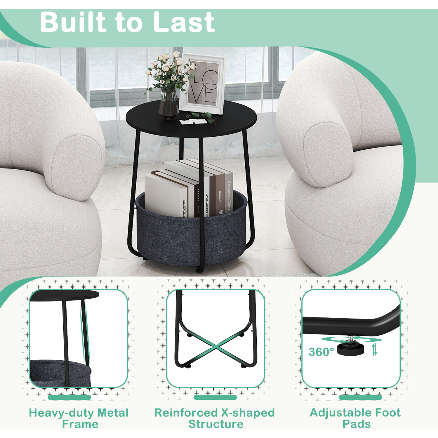 Costway 2 Tier Round Side Table End Table With Fabric Basket Black