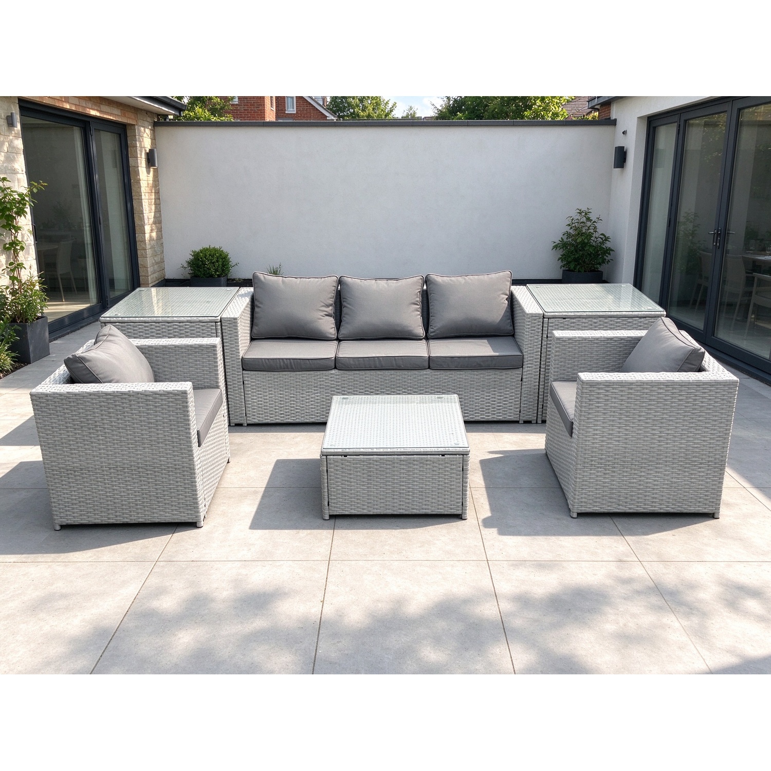 Fimous 5 Seater Rattan Garden Furniture Set With 3 Seater Sofa 2 Chair Square Coffee Table 2 Side Tables Light Grey Mixed - Image 3