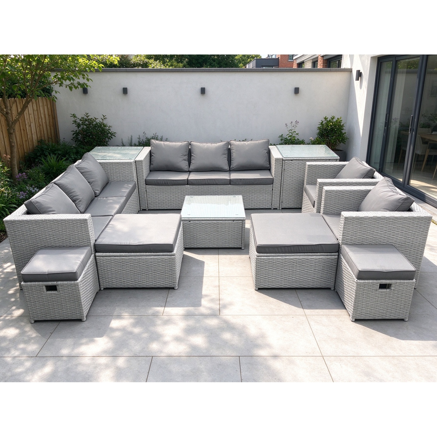 Fimous Light/Grey Garden Outdoor Furniture Set 12 Seater Rattan Sofa Set With 4 Footstools 2 Side Tables Mixed - Image 2