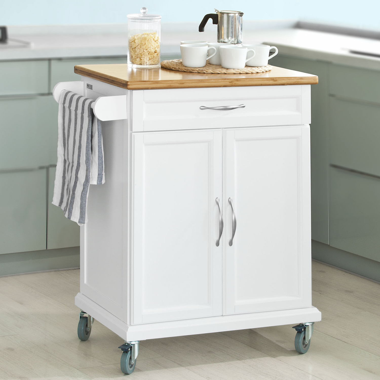 Sobuy Kitchen Cabinet With Bamboo Worktop - White