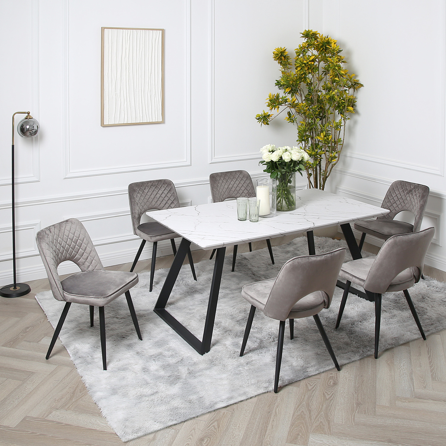 Venice Dining Set - Marble-effect Dining Table With 6 Chairs - Grey