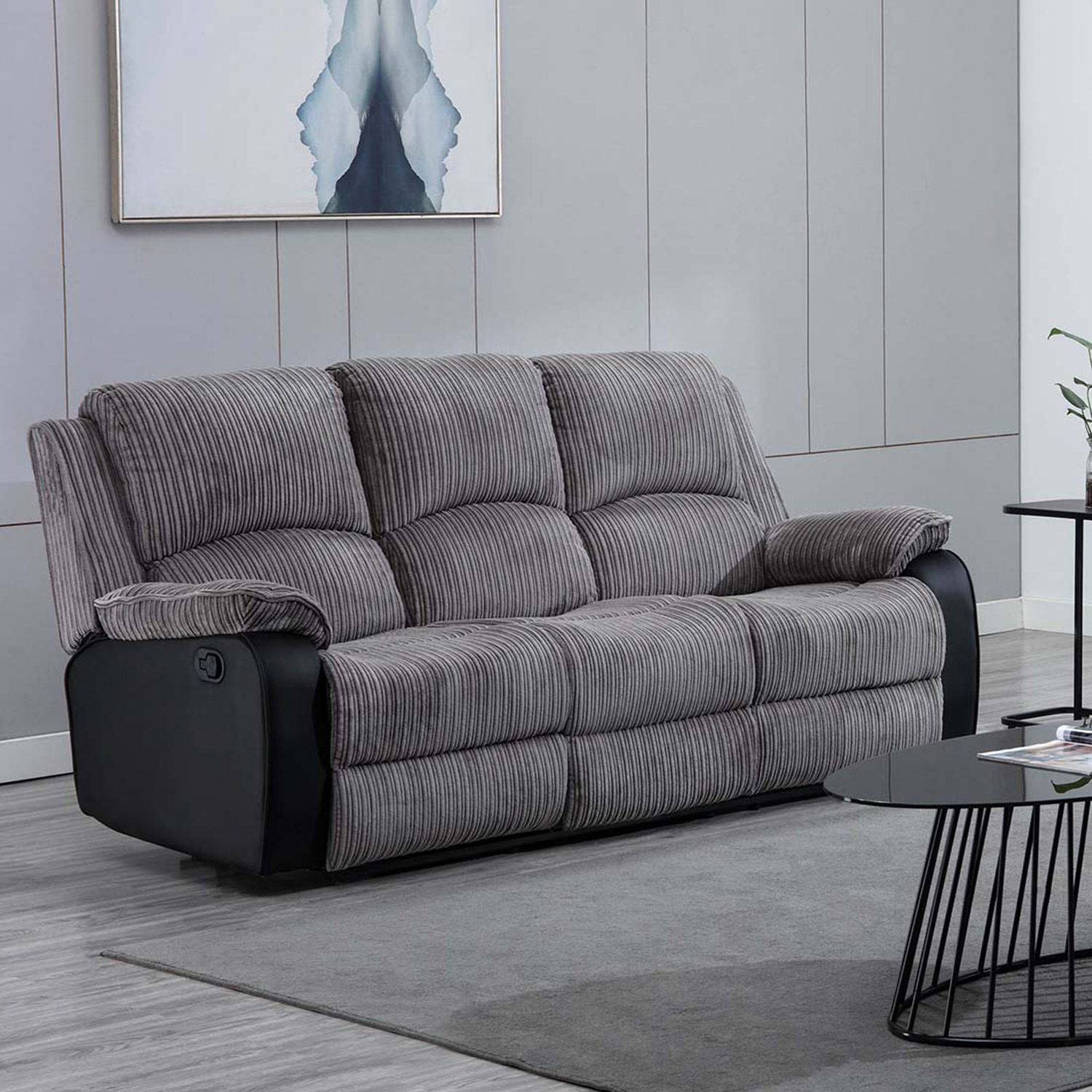 Postana Manual High Back Jumbo Cord Fabric Recliner 3 Seater Sofa - Grey