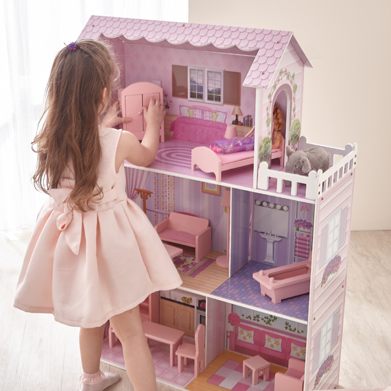 Kids 3-Story Wooden Doll House with Accessories for 12