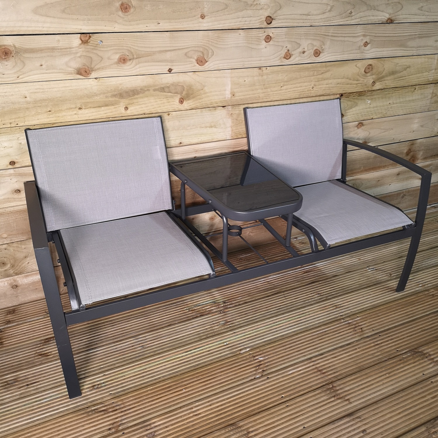 2 Person Metal Textilene Love Seat with Glass Table - Grey