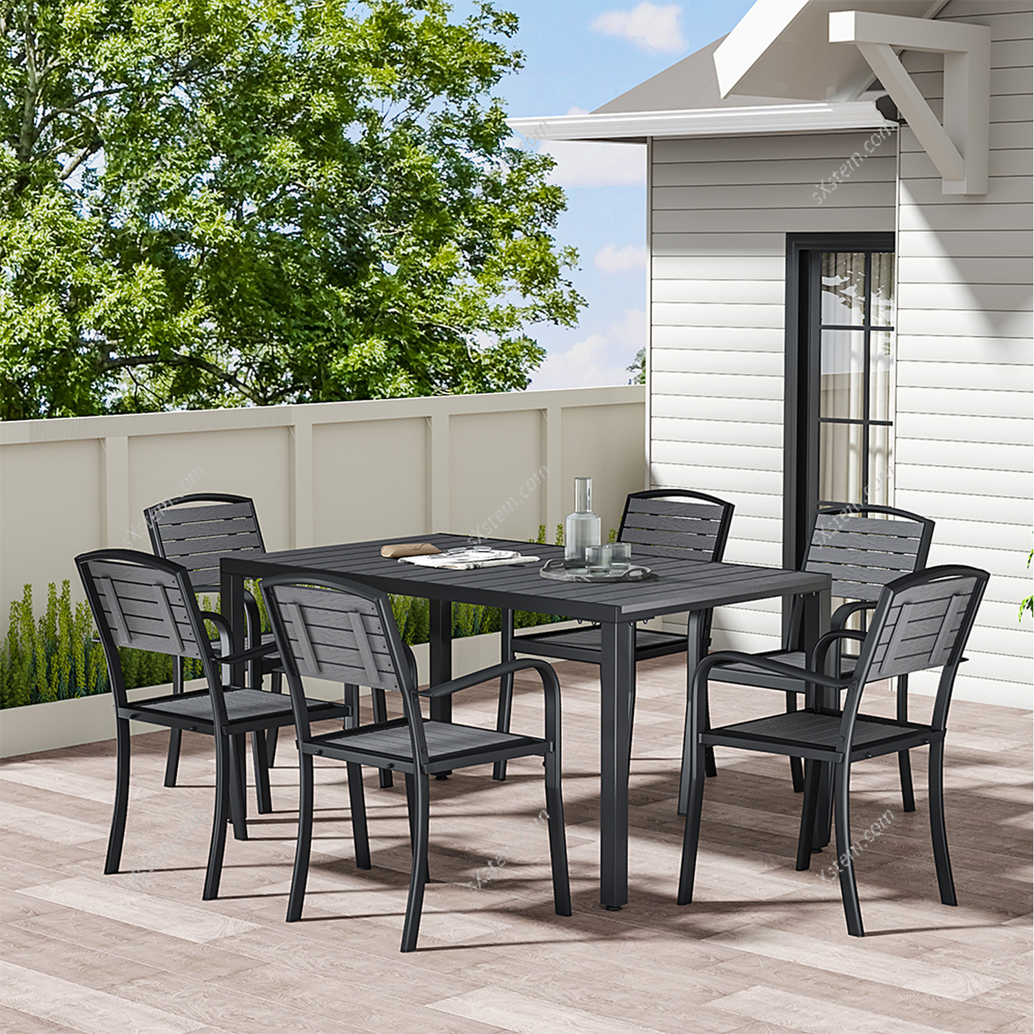 Wood Effect Garden Dining Table With Parasol Hole And Hole Cover - Grey
