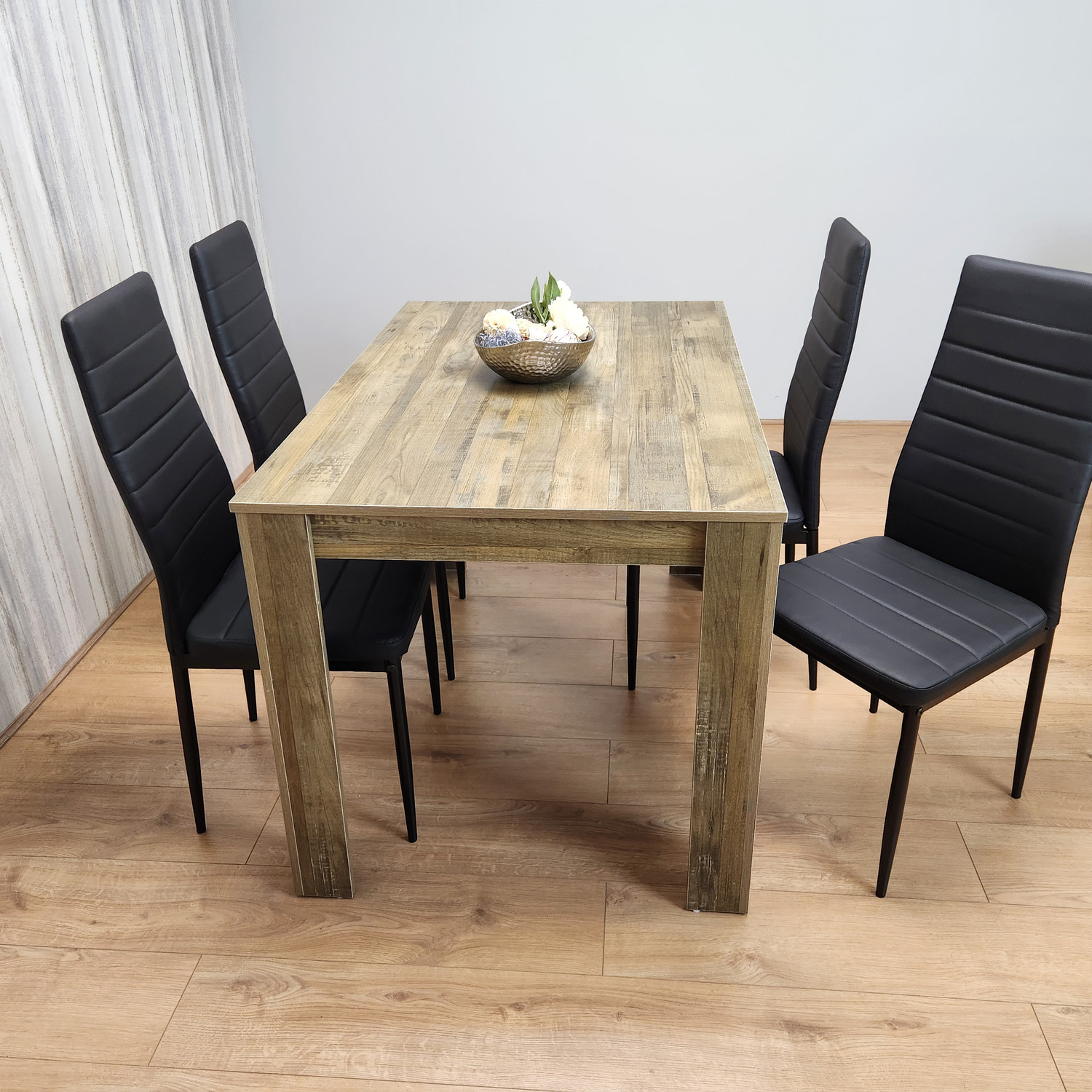 Rustic Effect Dining Table with 4 Black Faux Leather Chairs Dining Set