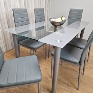 Grey Grey Glass Dining Table and 6 Faux Leather Chairs Set shot 4217649