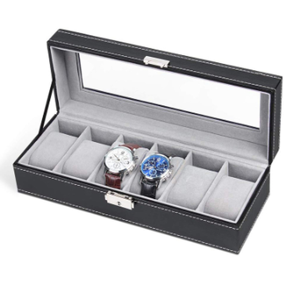 Lockable 6 Slots Faux Leather Watch Display Case