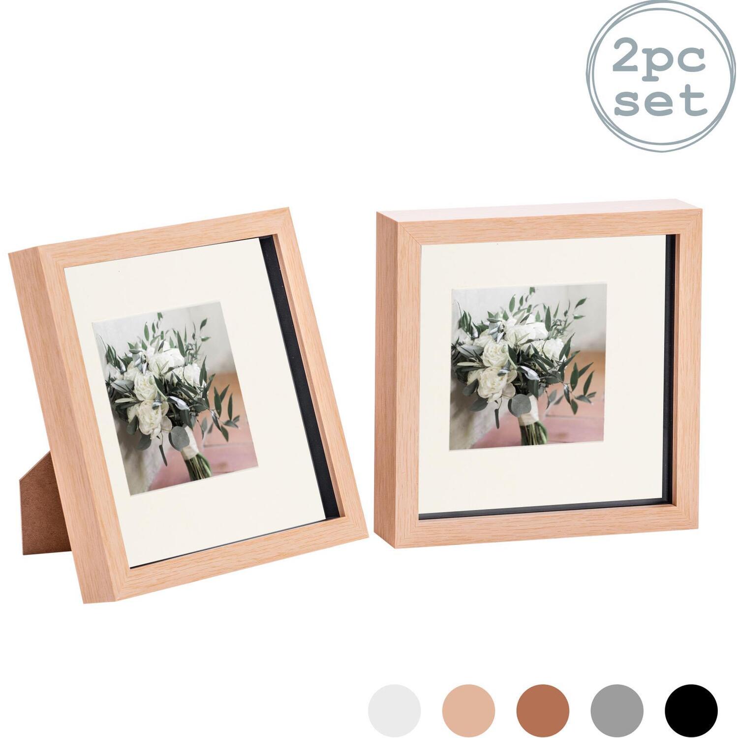 3D Box Photo Frame - 8 x 8" with 4 x 4" Mount - Pack of 2 - Light Wood/Ivory / 20cm