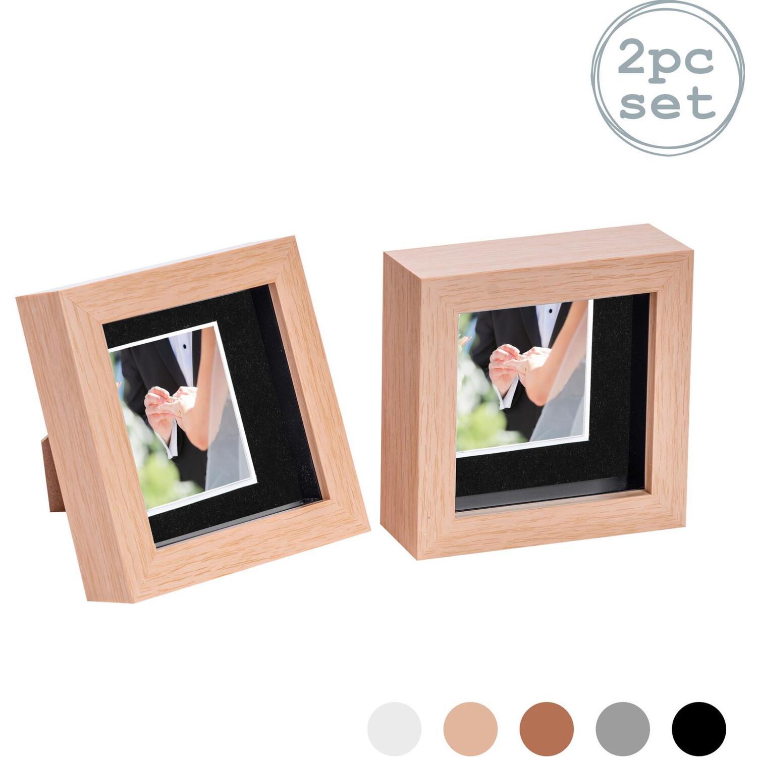3D Box Photo Frame - 4 x 4" with 2 x 2" Mount - Pack of 2 - Light Wood/Black