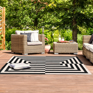 Black And Cream Geometric Outdoor Rug Reversible Pattern For Garden